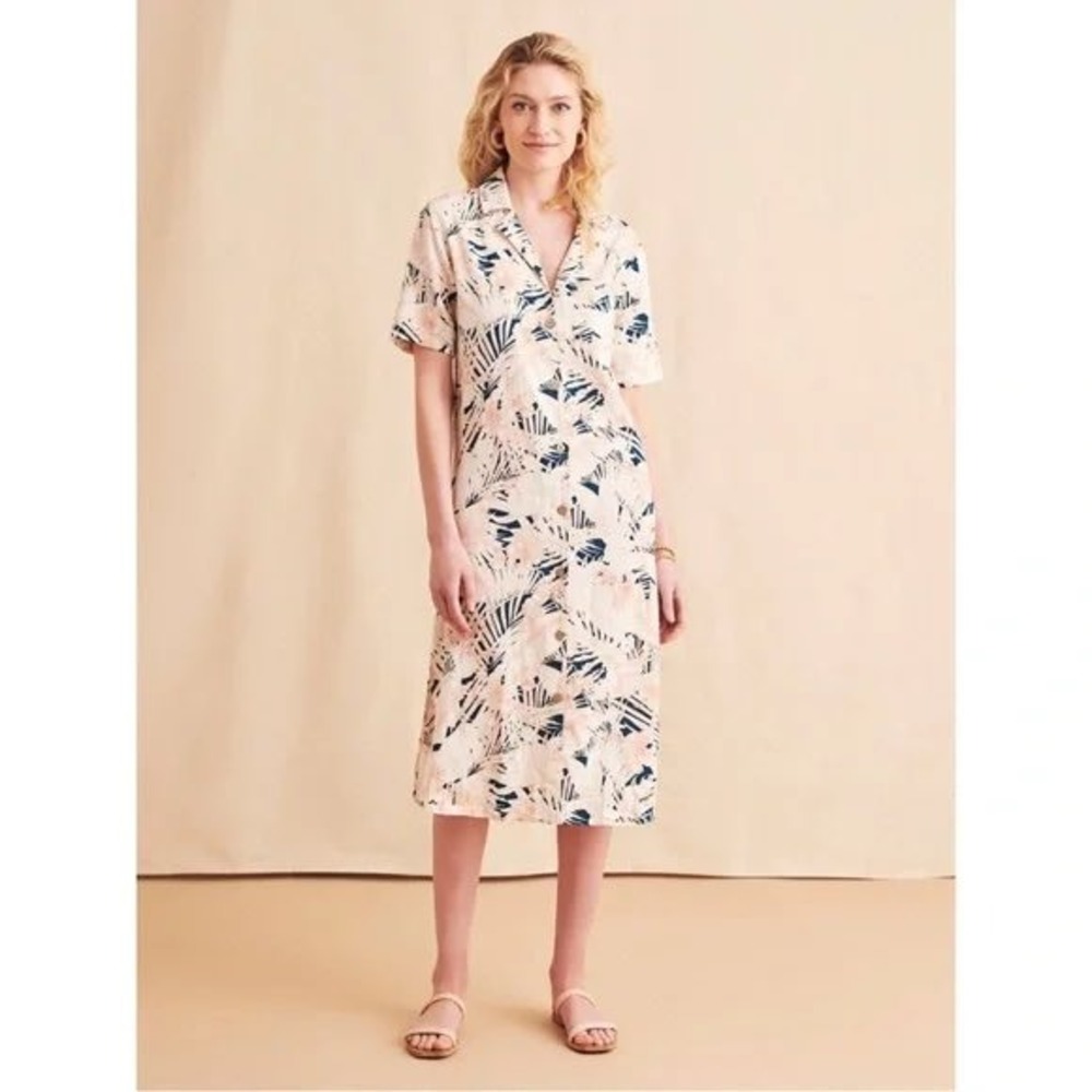 Faherty Canopy Palm Tropical Linen Blend Button Front Shirt Dress Pink Navy Med
